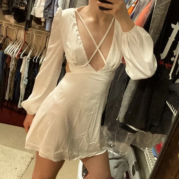 chinese dress ladies SHEIN X Katalyst Kouture Lace Up Side Puff Sleeve Shirt Dress, M1513548,  White, L: Buy Online at Best Price in UAE main image 1